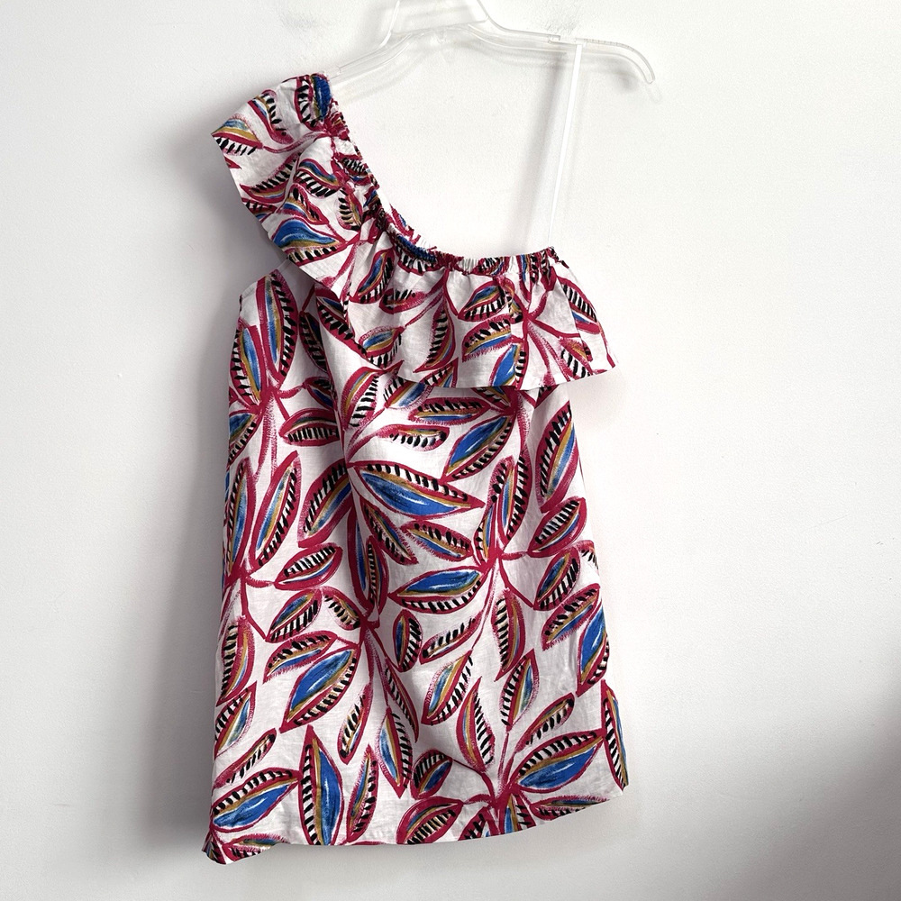 J Crew Dress L One Shoulder Shift Dress Linen Blend Floral Flounce Summer NEW